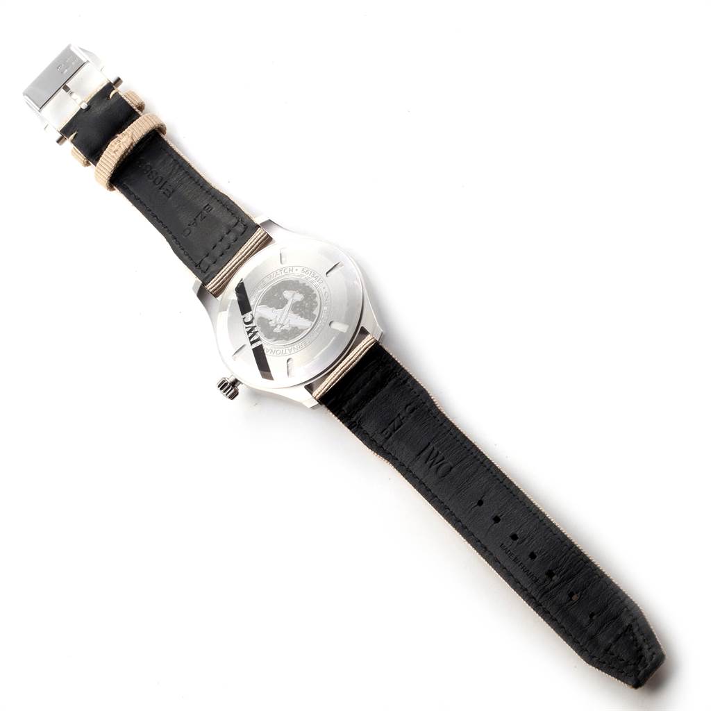 The image shows the back view of the IWC Pilot IW327017 Men's Stainless Steel Silver Dial IW327017 Men's Stainless Steel Silver Dial model watch, highlighting the case back, strap, and clasp.