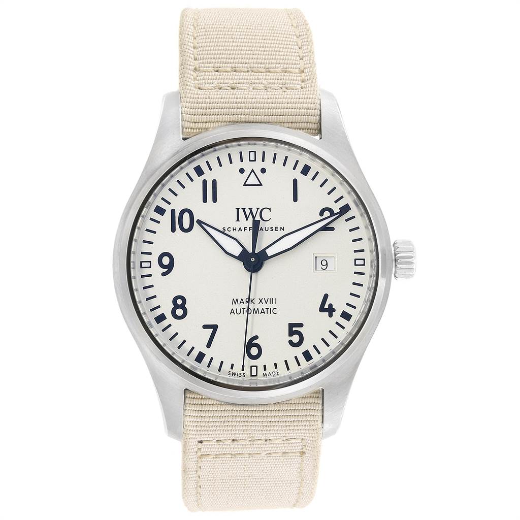 The image shows a front view of the IWC Pilot IW327017 Men's Stainless Steel Silver Dial IW327017 Men's Stainless Steel Silver Dial model Mark XVIII with a beige fabric strap and a white dial.