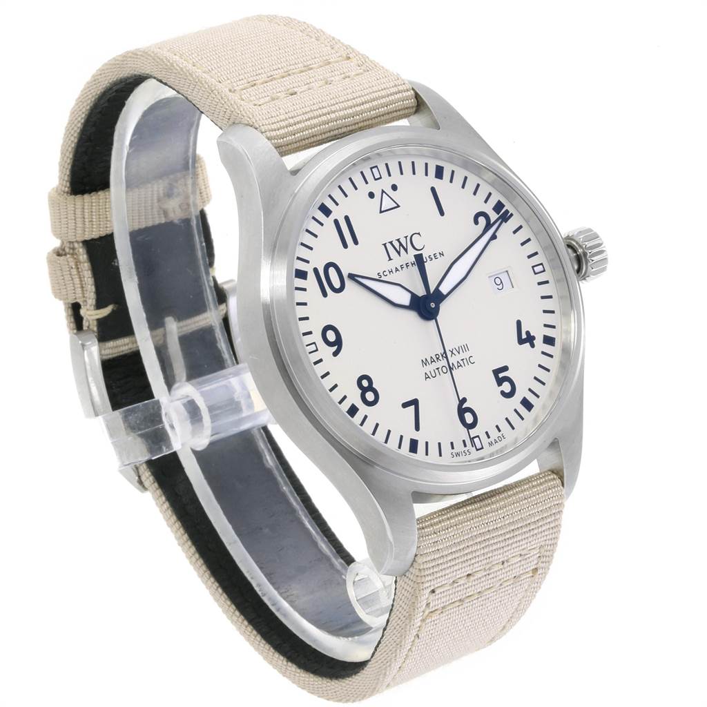The IWC Pilot IW327017 Men's Stainless Steel Silver Dial IW327017 Men's Stainless Steel Silver Dial watch is shown from a side angle, featuring the dial, case, and beige strap.