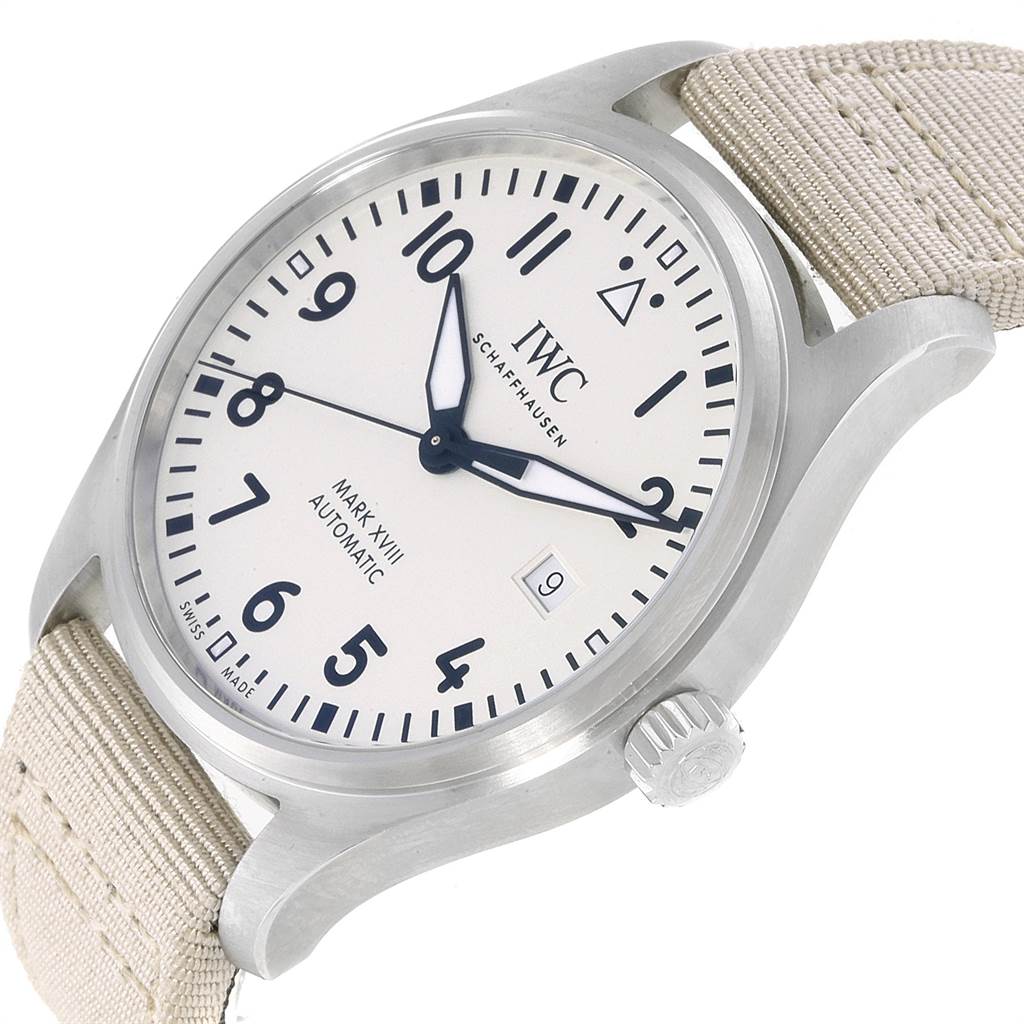 The image shows an IWC Pilot IW327017 Men's Stainless Steel Silver Dial IW327017 Men's Stainless Steel Silver Dial Mark XVIII Automatic watch, angled to display its face, crown, and part of the strap.