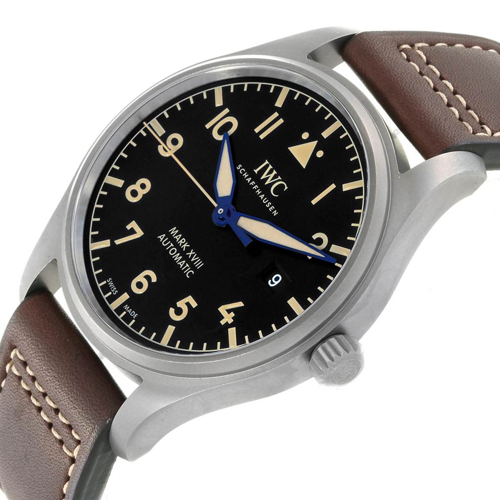 This image shows a close-up angle of the IWC Pilot IW327006 Men's Titanium Black Dial IW327006 Men's Titanium Black Dial Mark XVIII Automatic watch, highlighting the dial, crown, and leather strap.