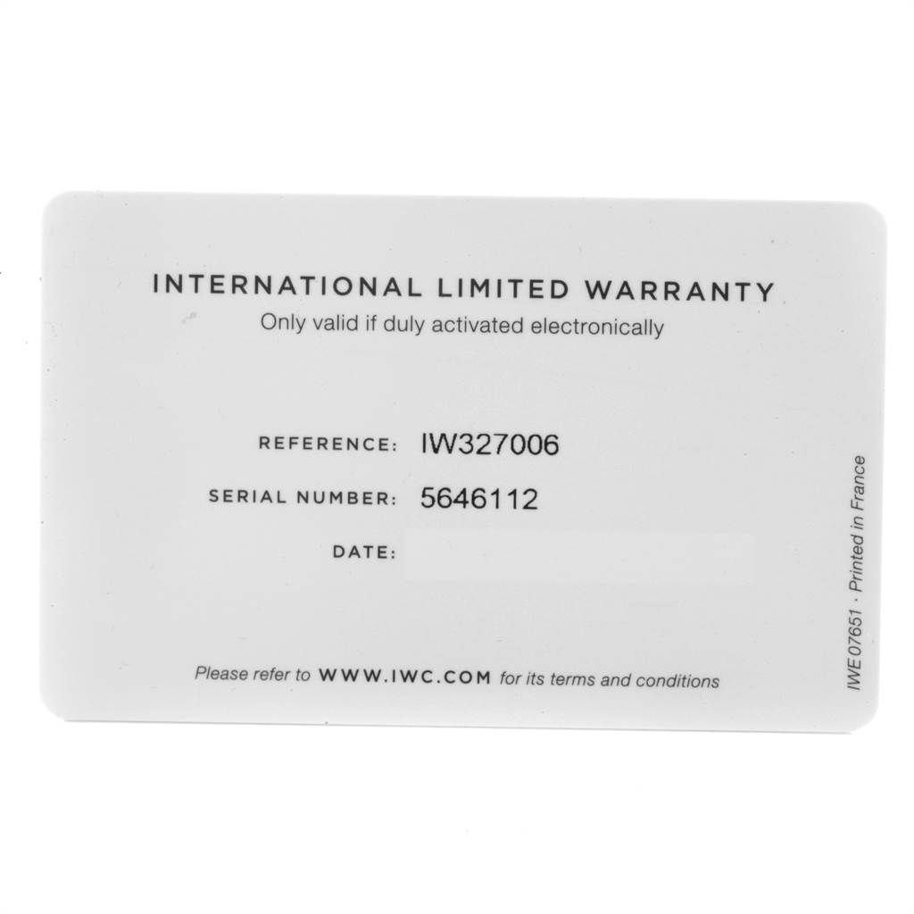 This image shows an International Limited Warranty card for the IWC Pilot IW327006 Men's Titanium Black Dial IW327006 Men's Titanium Black Dial model IW327006.