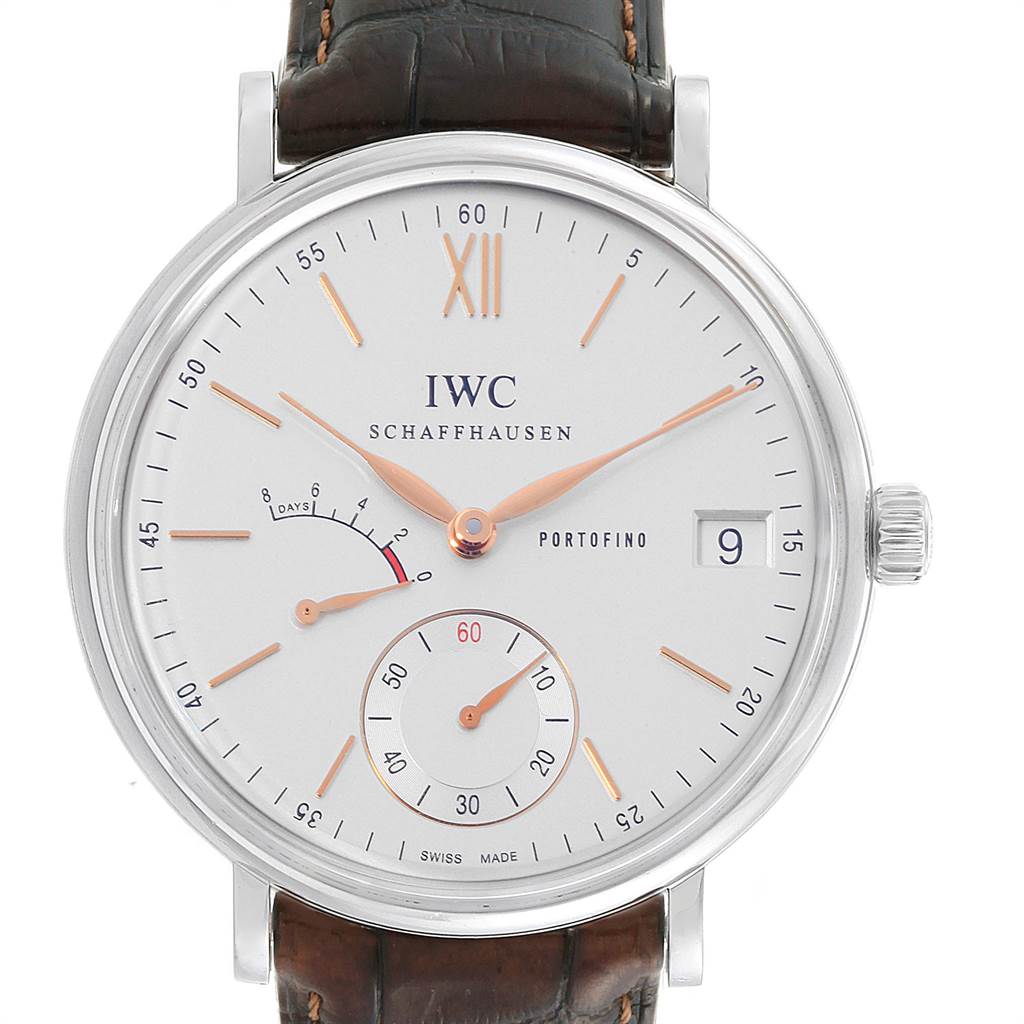 The image shows a front view of the IWC Portofino IW510103 Men's Stainless Steel Silver Dial IW510103 Men's Stainless Steel Silver Dial watch with a white dial, date window, and subdials for seconds and power reserve.