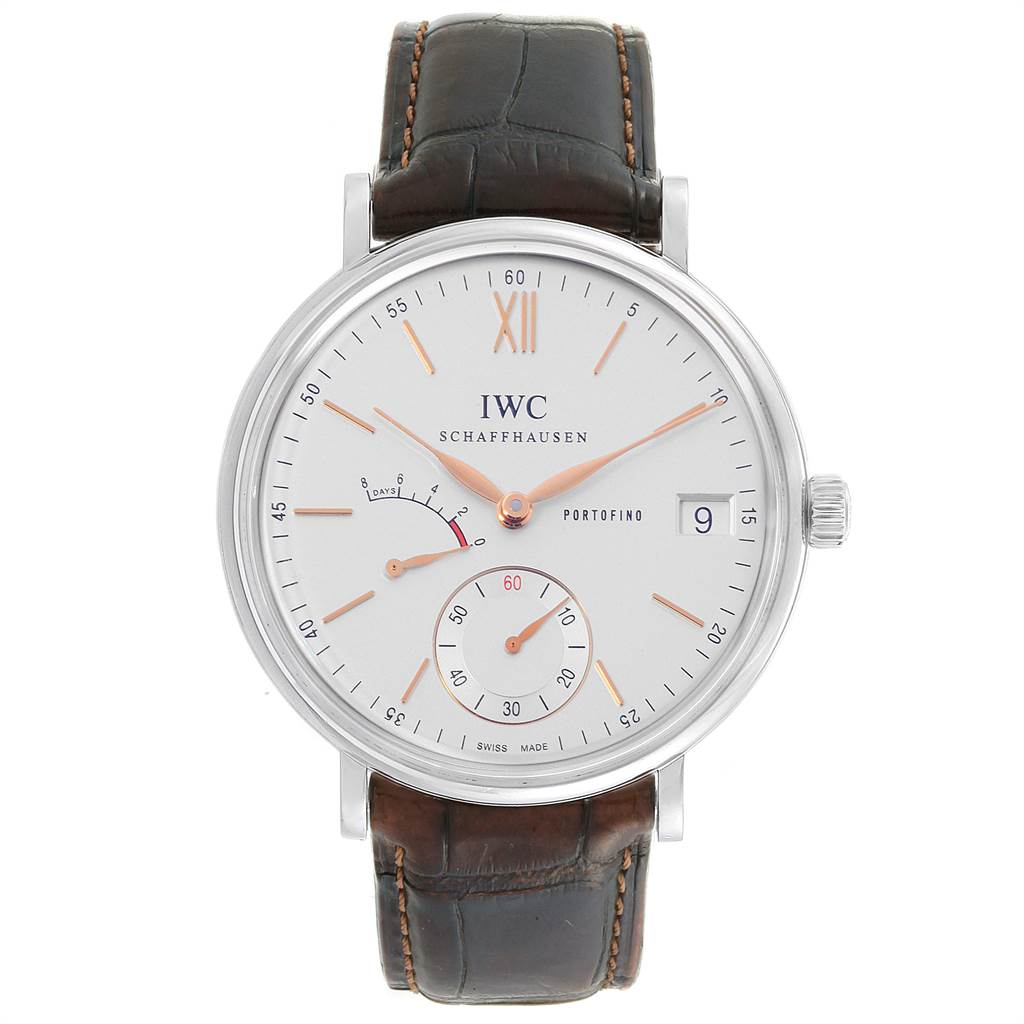 This is a front view of the IWC Portofino IW510103 Men's Stainless Steel Silver Dial IW510103 Men's Stainless Steel Silver Dial watch, showing the dial, hands, subdials, and leather strap.