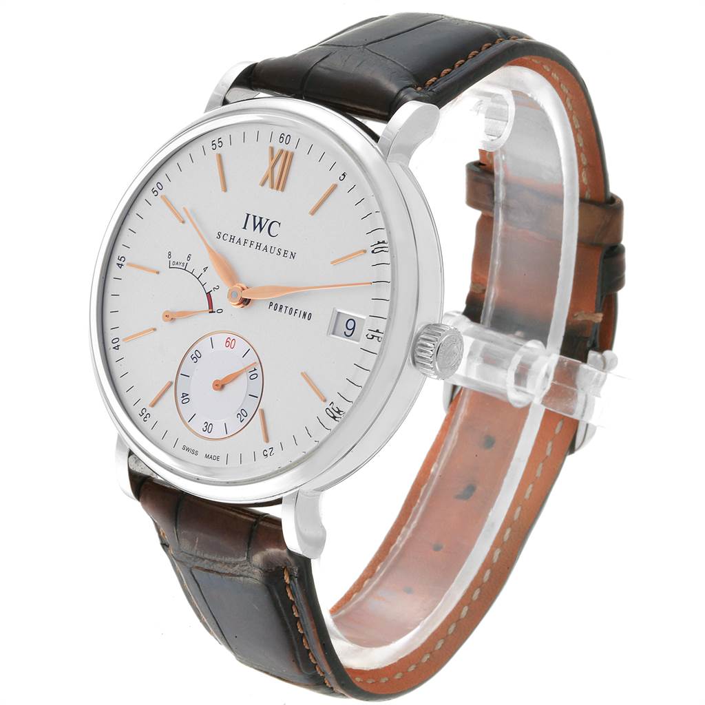 The IWC Portofino IW510103 Men's Stainless Steel Silver Dial IW510103 Men's Stainless Steel Silver Dial watch is shown at a front-side angle, highlighting its dial and black leather strap.