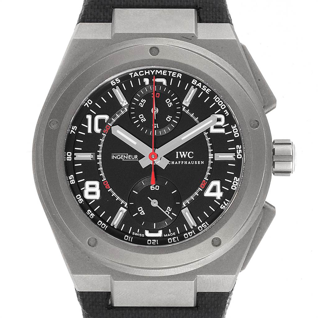 The image shows a front view of an IWC Ingenieur IW372504 Men's Titanium Black Dial IW372504 Men's Titanium Black Dial watch, displaying the face, bezel, crown, and strap.
