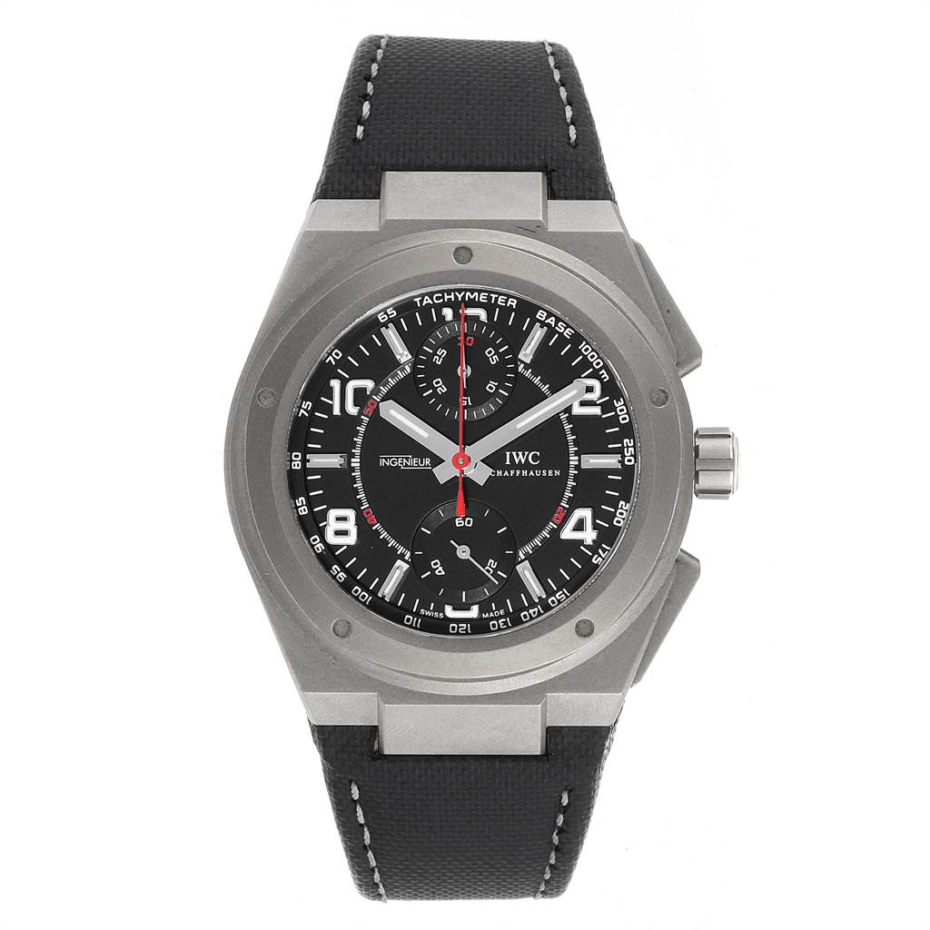 The image shows a front view of an IWC Ingenieur IW372504 Men's Titanium Black Dial IW372504 Men's Titanium Black Dial watch, highlighting its dial, bezel, crown, and strap.