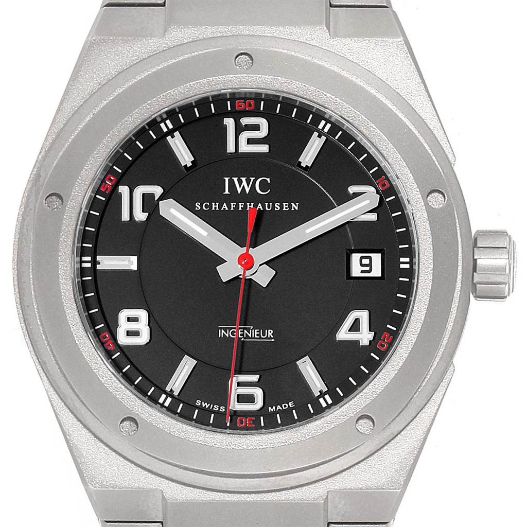 This image shows the front face of the IWC Ingenieur IW322702 Men's Titanium Black Dial IW322702 Men's Titanium Black Dial watch displaying its dial, hands, bezel, and crown.