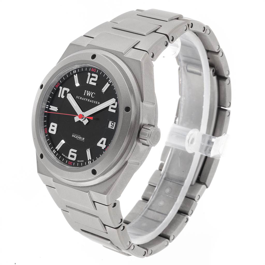 The IWC Ingenieur IW322702 Men's Titanium Black Dial IW322702 Men's Titanium Black Dial watch is shown at a three-quarter angle, displaying the face, strap, bezel, and crown.