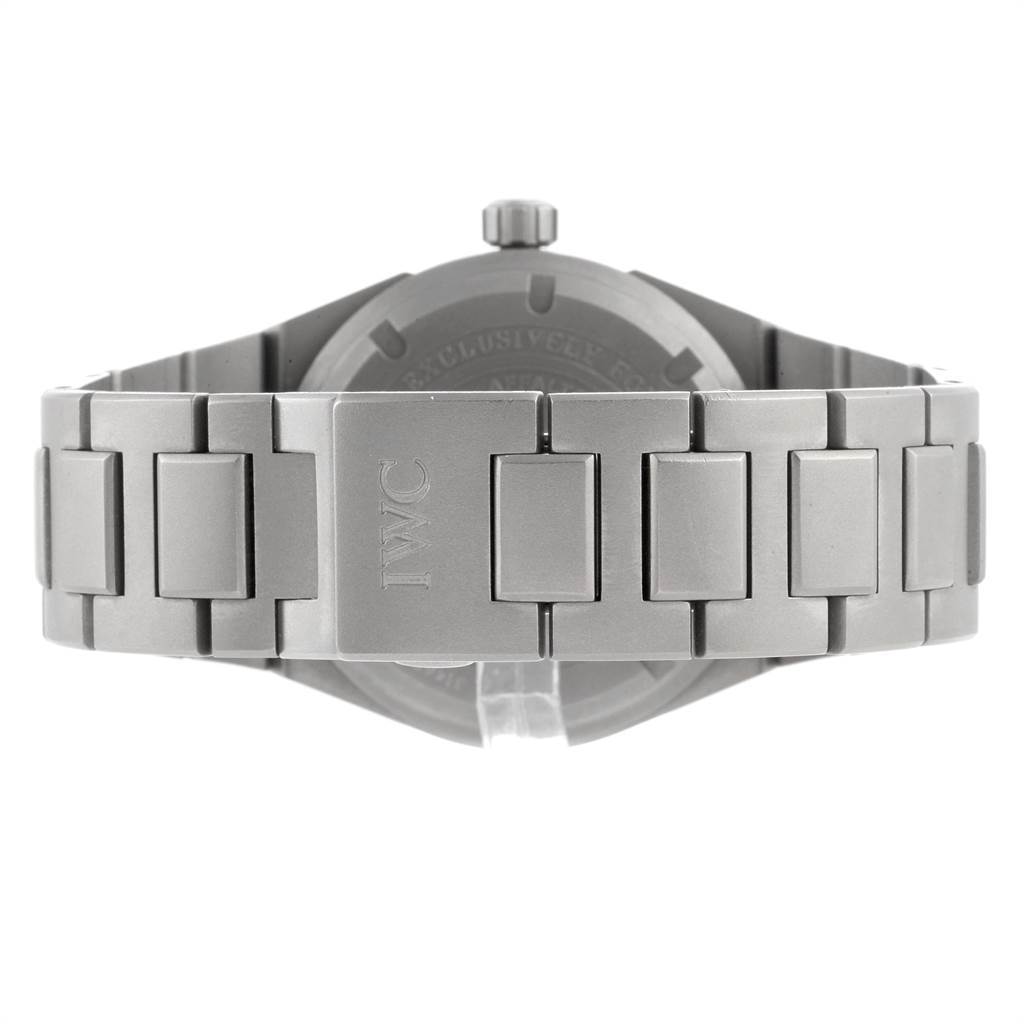 The image shows the back of an IWC Ingenieur IW322702 Men's Titanium Black Dial IW322702 Men's Titanium Black Dial watch, highlighting the clasp and part of the bracelet.