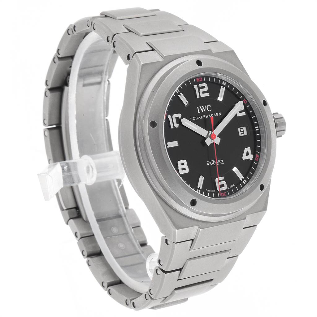 The IWC Ingenieur IW322702 Men's Titanium Black Dial IW322702 Men's Titanium Black Dial model watch is shown from an angled front view, highlighting the face, bezel, and part of the strap.