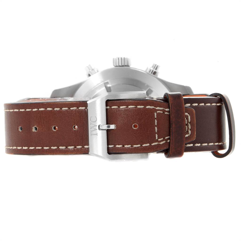 This image shows the back angle of an IWC Pilot IW377714 Men's Stainless Steel Blue Dial IW377714 Men's Stainless Steel Blue Dial watch, highlighting the brown leather strap and metal clasp.