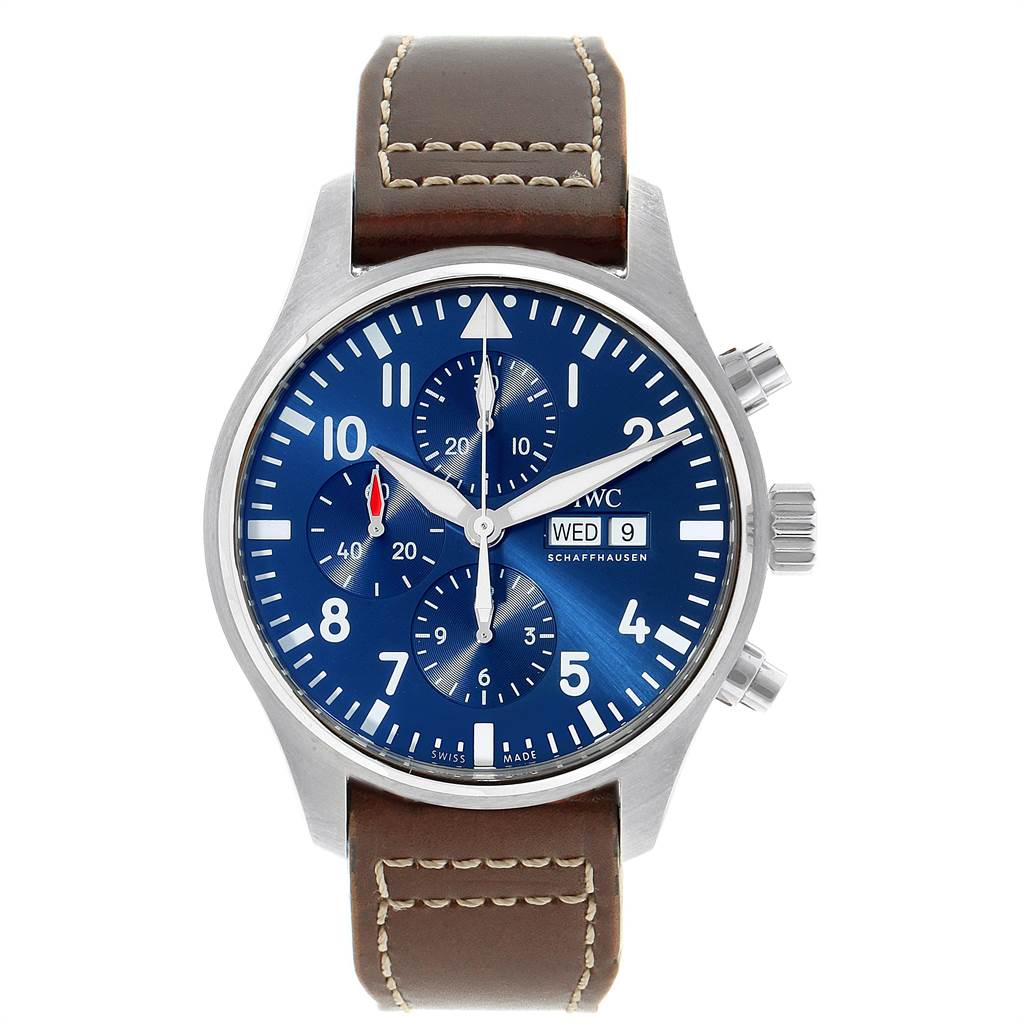 The image shows a front view of an IWC Pilot IW377714 Men's Stainless Steel Blue Dial IW377714 Men's Stainless Steel Blue Dial model watch with a brown leather strap and blue dial.