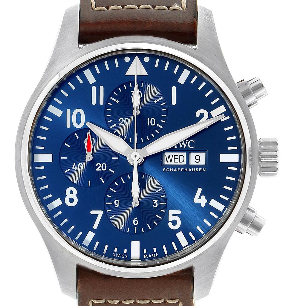 The IWC Pilot IW377714 Men's Stainless Steel Blue Dial IW377714 Men's Stainless Steel Blue Dial watch features a blue dial, chronograph subdials, luminescent hands, and a date window, viewed from a straight-on angle.