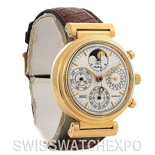 The IWC Da Vinci IW375203 OR 3752-03 OR 3752-003 Men's Yellow Gold Silver Dial IW375203 OR 3752-03 OR 3752-003 Men's Yellow Gold Silver Dial watch is shown at a slight angle, highlighting its gold case, brown leather strap, and multi-function dial.