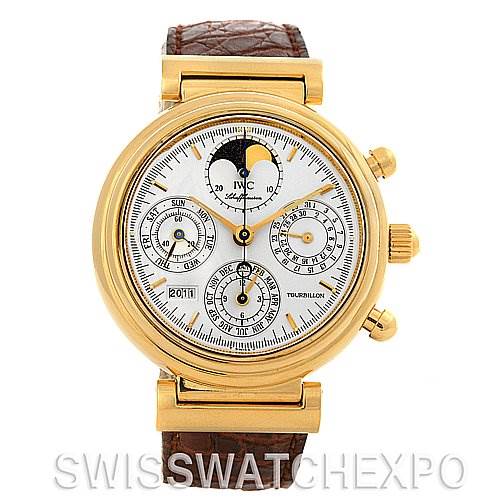 The image shows a front view of the IWC Da Vinci IW375203 OR 3752-03 OR 3752-003 Men's Yellow Gold Silver Dial IW375203 OR 3752-03 OR 3752-003 Men's Yellow Gold Silver Dial model watch, featuring a gold case, multiple subdials, and a brown leather strap.