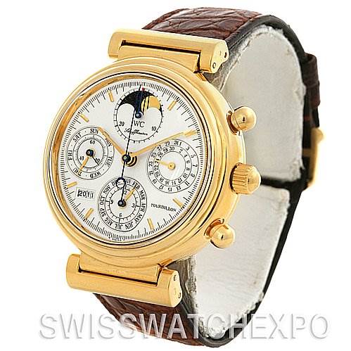 The IWC Da Vinci IW375203 OR 3752-03 OR 3752-003 Men's Yellow Gold Silver Dial IW375203 OR 3752-03 OR 3752-003 Men's Yellow Gold Silver Dial watch is shown from a front angle, highlighting its gold case, multi-dial face, and brown leather strap.