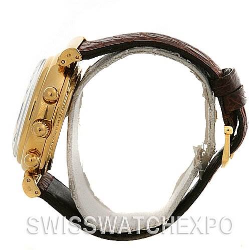 This image shows a side view of an IWC Da Vinci IW375203 OR 3752-03 OR 3752-003 Men's Yellow Gold Silver Dial IW375203 OR 3752-03 OR 3752-003 Men's Yellow Gold Silver Dial watch, highlighting the crown, pushers, and leather strap.