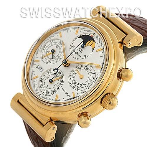The image shows an oblique view of the IWC Da Vinci IW375203 OR 3752-03 OR 3752-003 Men's Yellow Gold Silver Dial IW375203 OR 3752-03 OR 3752-003 Men's Yellow Gold Silver Dial watch, highlighting its gold case, crown, pushers, and multiple subdials.