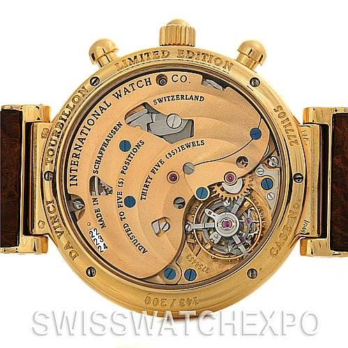 This image shows the back of the IWC Da Vinci IW375203 OR 3752-03 OR 3752-003 Men's Yellow Gold Silver Dial IW375203 OR 3752-03 OR 3752-003 Men's Yellow Gold Silver Dial watch model, displaying its intricate inner mechanics and "LIMITED EDITION" engraving.