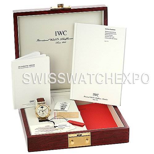 The image shows the IWC Da Vinci IW375203 OR 3752-03 OR 3752-003 Men's Yellow Gold Silver Dial IW375203 OR 3752-03 OR 3752-003 Men's Yellow Gold Silver Dial watch with its accessories, including the box, booklets, and warranty card, viewed from an angled, frontal perspective.