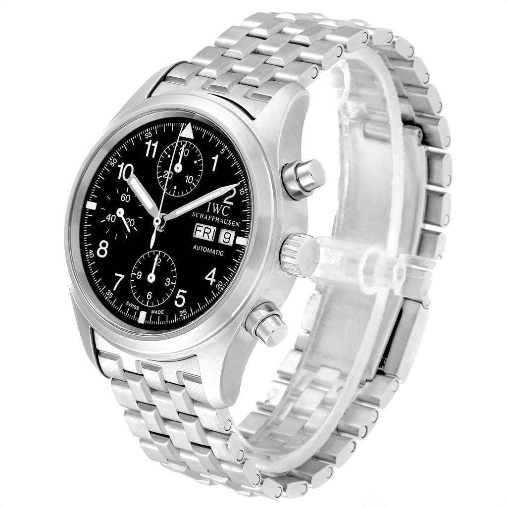 The IWC Pilot IW370603 Men's Stainless Steel Black Dial IW370603 Men's Stainless Steel Black Dial model watch is shown at a three-quarter angle, displaying its black dial, chronograph sub-dials, and metal bracelet.