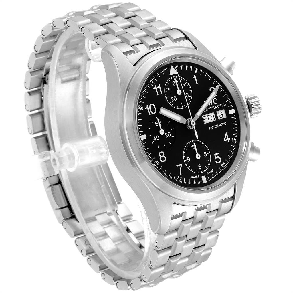 The image shows a side and top view of the IWC Pilot IW370603 Men's Stainless Steel Black Dial IW370603 Men's Stainless Steel Black Dial model watch, featuring the bracelet, case, and dial with chronograph functions.