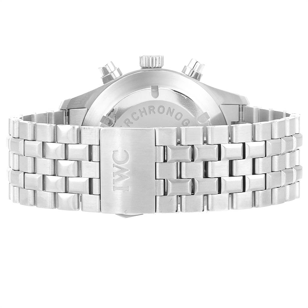 The image shows the back side of an IWC Pilot IW370603 Men's Stainless Steel Black Dial IW370603 Men's Stainless Steel Black Dial model watch, focusing on its clasp, stainless steel strap, and part of the case back.