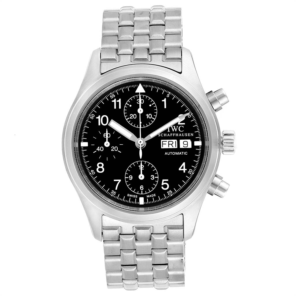 The IWC Pilot IW370603 Men's Stainless Steel Black Dial IW370603 Men's Stainless Steel Black Dial model watch is shown from a front-facing angle, highlighting the dial, bracelet, and pushers.