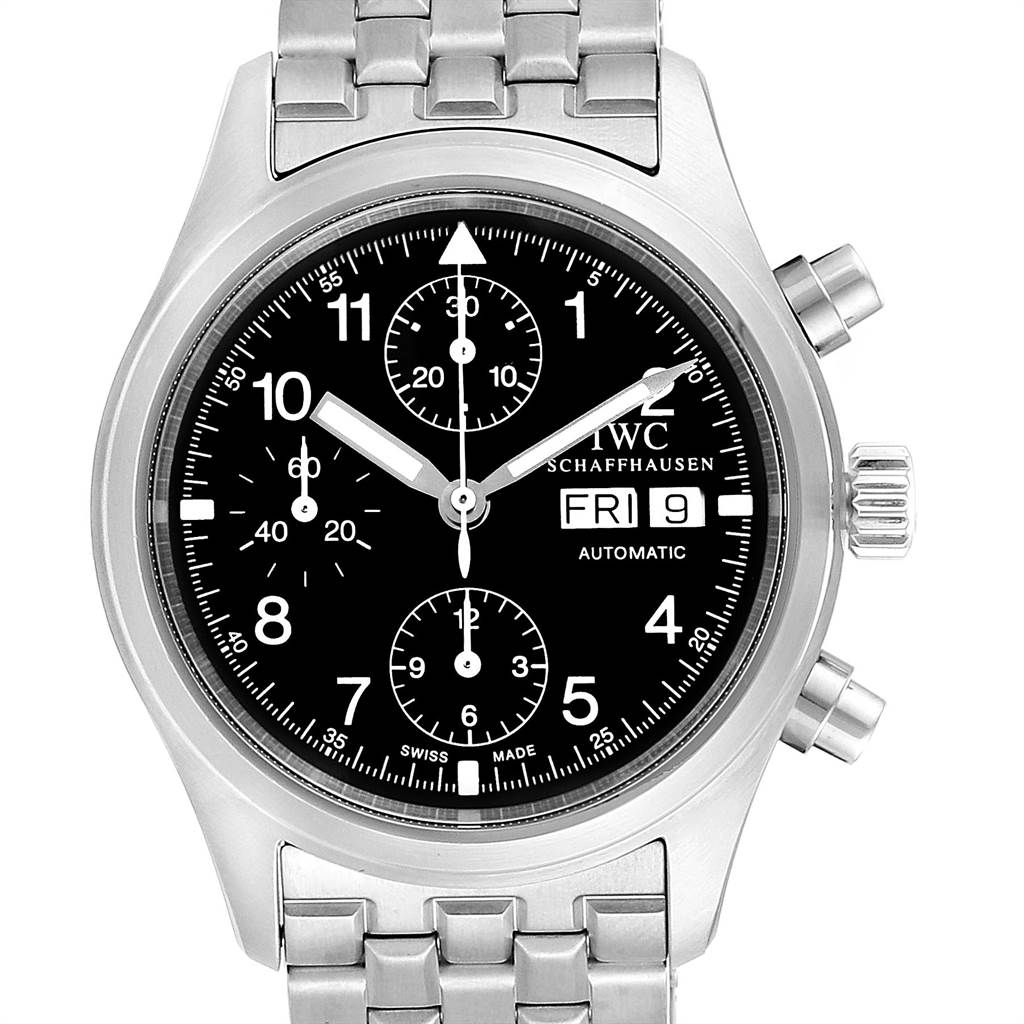 This image shows a frontal view of the IWC Pilot IW370603 Men's Stainless Steel Black Dial IW370603 Men's Stainless Steel Black Dial model watch, displaying the case, dial, chronograph subdials, and stainless steel bracelet.