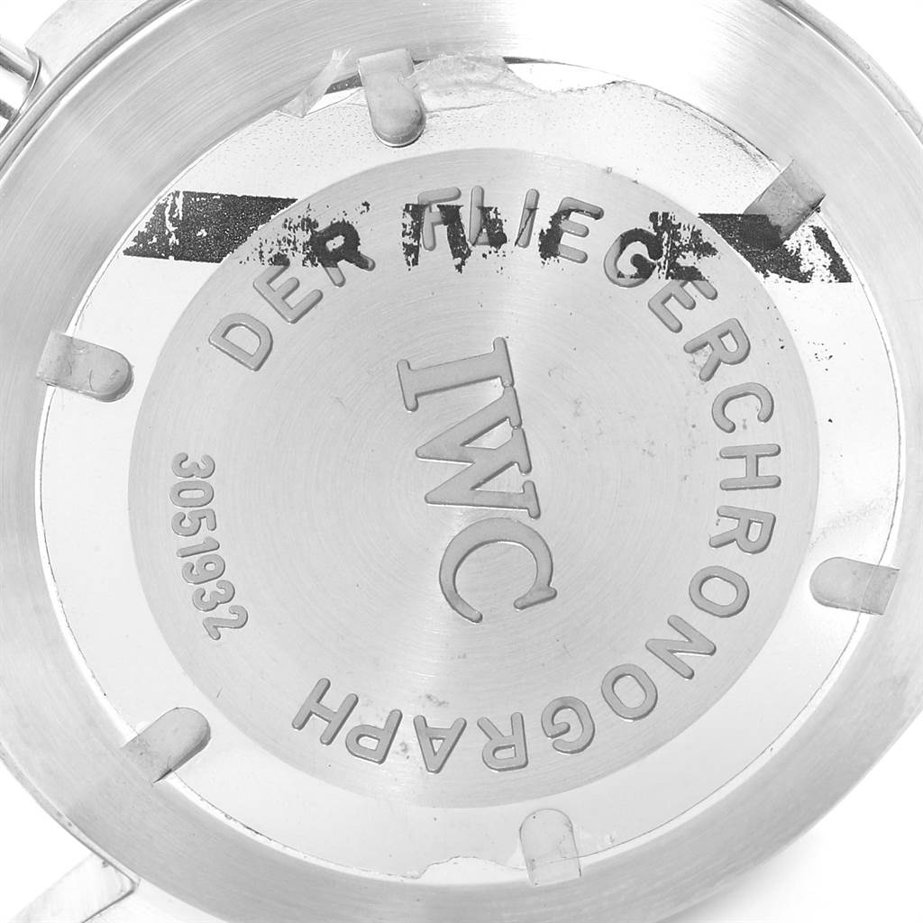 This image shows the back case of an IWC Pilot IW370603 Men's Stainless Steel Black Dial IW370603 Men's Stainless Steel Black Dial model watch, displaying engravings and the brand logo.