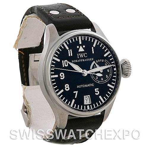 The image shows a frontal view of an IWC Pilot IW500201 OR 5002-01 Men
s Stainless Steel Black Dial IW500201 OR 5002-01 Men
s Stainless Steel Black Dial model watch, highlighting the dial, bezel, crown, and leather strap.