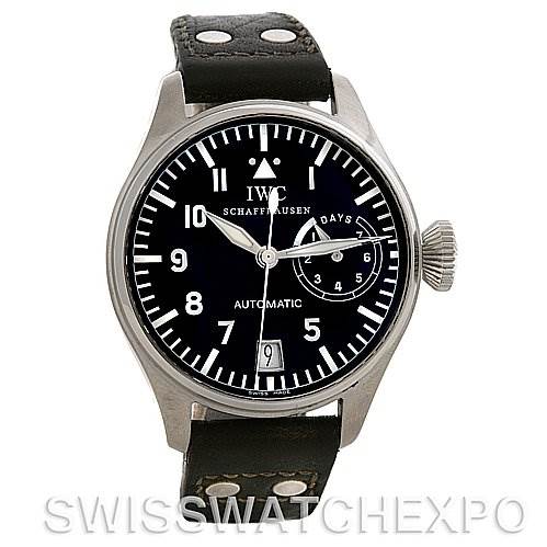 The image shows a front view of the IWC Pilot IW500201 OR 5002-01 Men
s Stainless Steel Black Dial IW500201 OR 5002-01 Men
s Stainless Steel Black Dial model watch, highlighting its black dial, large numerals, and black leather strap.