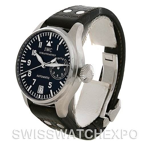 The image shows a side view of an IWC Pilot IW500201 OR 5002-01 Men
s Stainless Steel Black Dial IW500201 OR 5002-01 Men
s Stainless Steel Black Dial model watch with a black leather strap and visible crown.