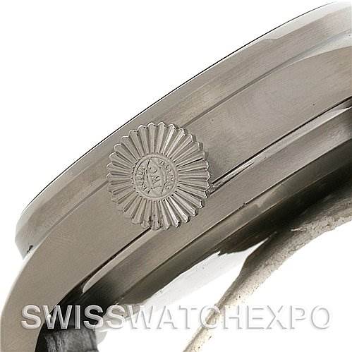 The image shows the side view of an IWC Pilot IW500201 OR 5002-01 Men
s Stainless Steel Black Dial IW500201 OR 5002-01 Men
s Stainless Steel Black Dial watch case, highlighting the engraved logo detail.