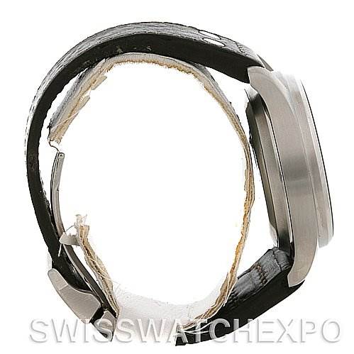 This image shows a side profile of an IWC Pilot IW500201 OR 5002-01 Men
s Stainless Steel Black Dial IW500201 OR 5002-01 Men
s Stainless Steel Black Dial model watch, emphasizing the case and leather strap.