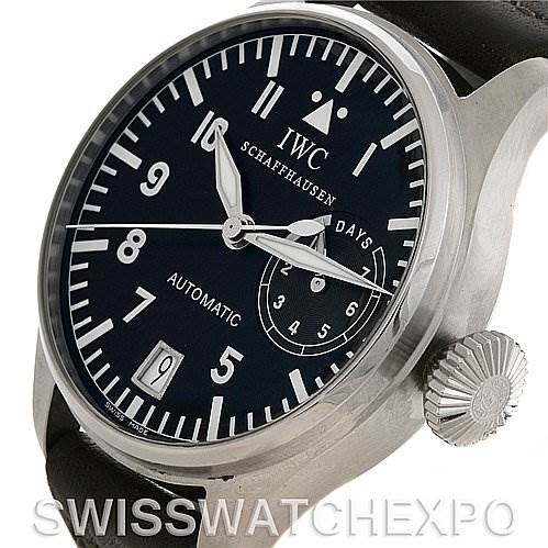 This image shows an angled front view of the IWC Pilot IW500201 OR 5002-01 Men
s Stainless Steel Black Dial IW500201 OR 5002-01 Men
s Stainless Steel Black Dial watch, highlighting the dial, crown, and part of the strap.