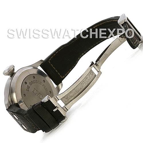 The image shows the back case and partially opened clasp of an IWC Pilot IW500201 OR 5002-01 Men
s Stainless Steel Black Dial IW500201 OR 5002-01 Men
s Stainless Steel Black Dial model watch with a black leather strap.