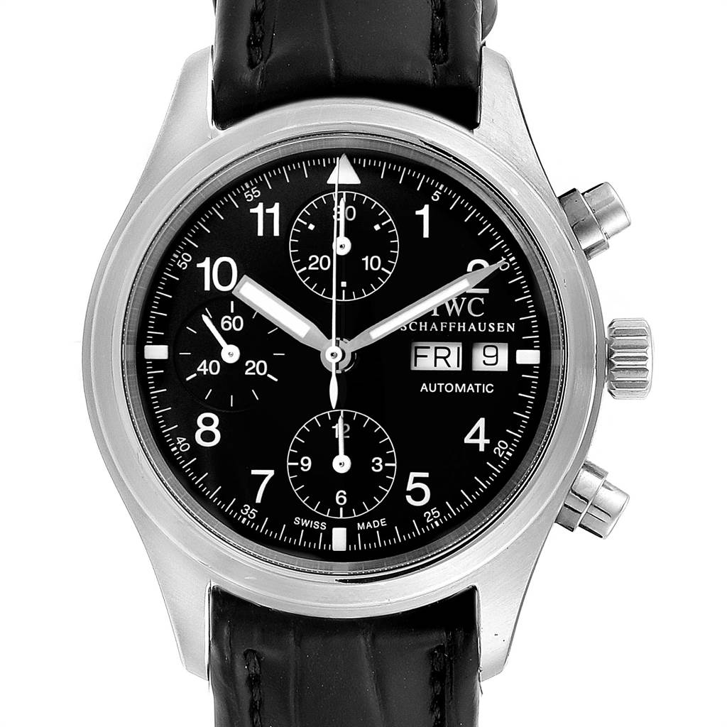 This image shows a frontal view of the IWC Pilot IW370603 Men's Stainless Steel Black Dial IW370603 Men's Stainless Steel Black Dial model watch, displaying its black dial, chronograph subdials, and date function.