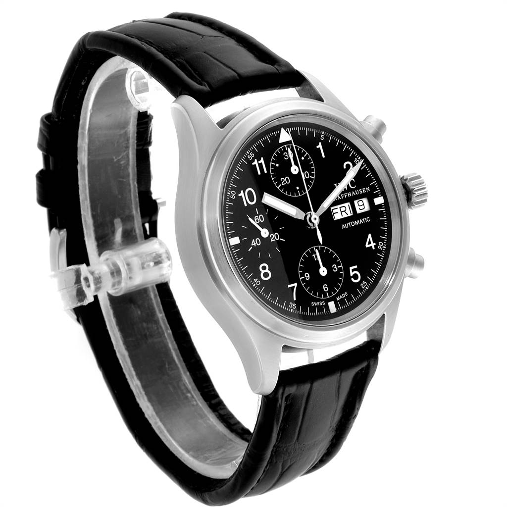 This image shows an IWC Pilot IW370603 Men's Stainless Steel Black Dial IW370603 Men's Stainless Steel Black Dial model watch at a slight angle, highlighting its black dial, chronograph, day-date display, and leather strap.