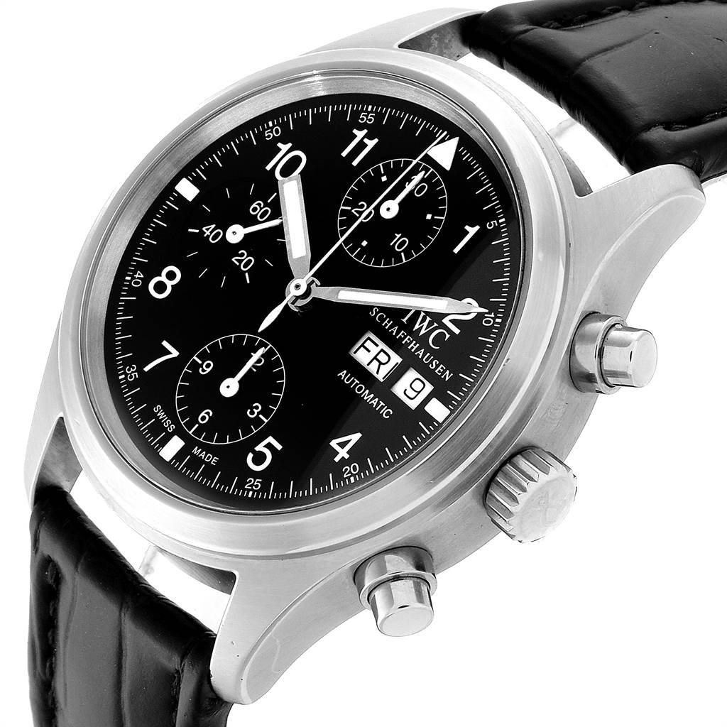This is a frontal view of the IWC Pilot IW370603 Men's Stainless Steel Black Dial IW370603 Men's Stainless Steel Black Dial model watch showing the black dial, chronograph subdials, and day-date display.