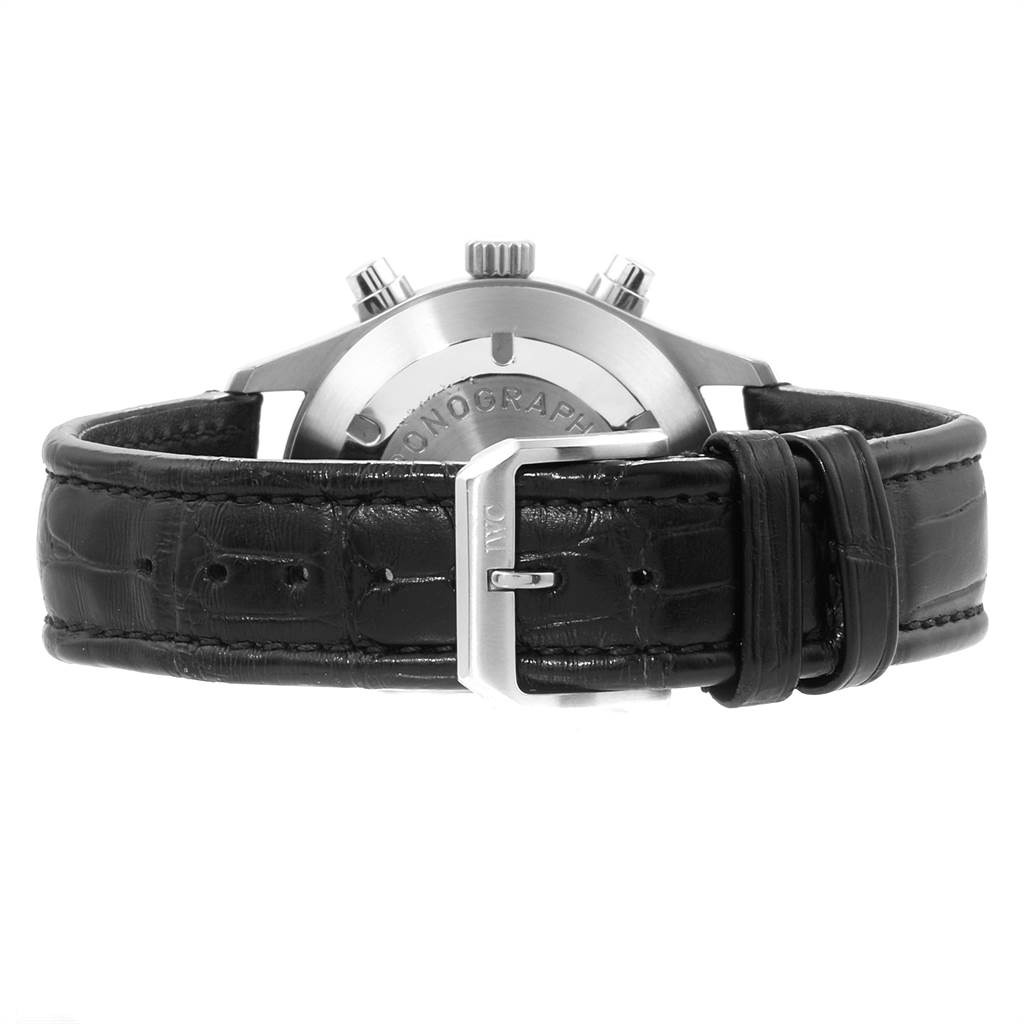 The image shows the back view of the IWC Pilot IW370603 Men's Stainless Steel Black Dial IW370603 Men's Stainless Steel Black Dial model watch, highlighting the leather strap and the buckle.