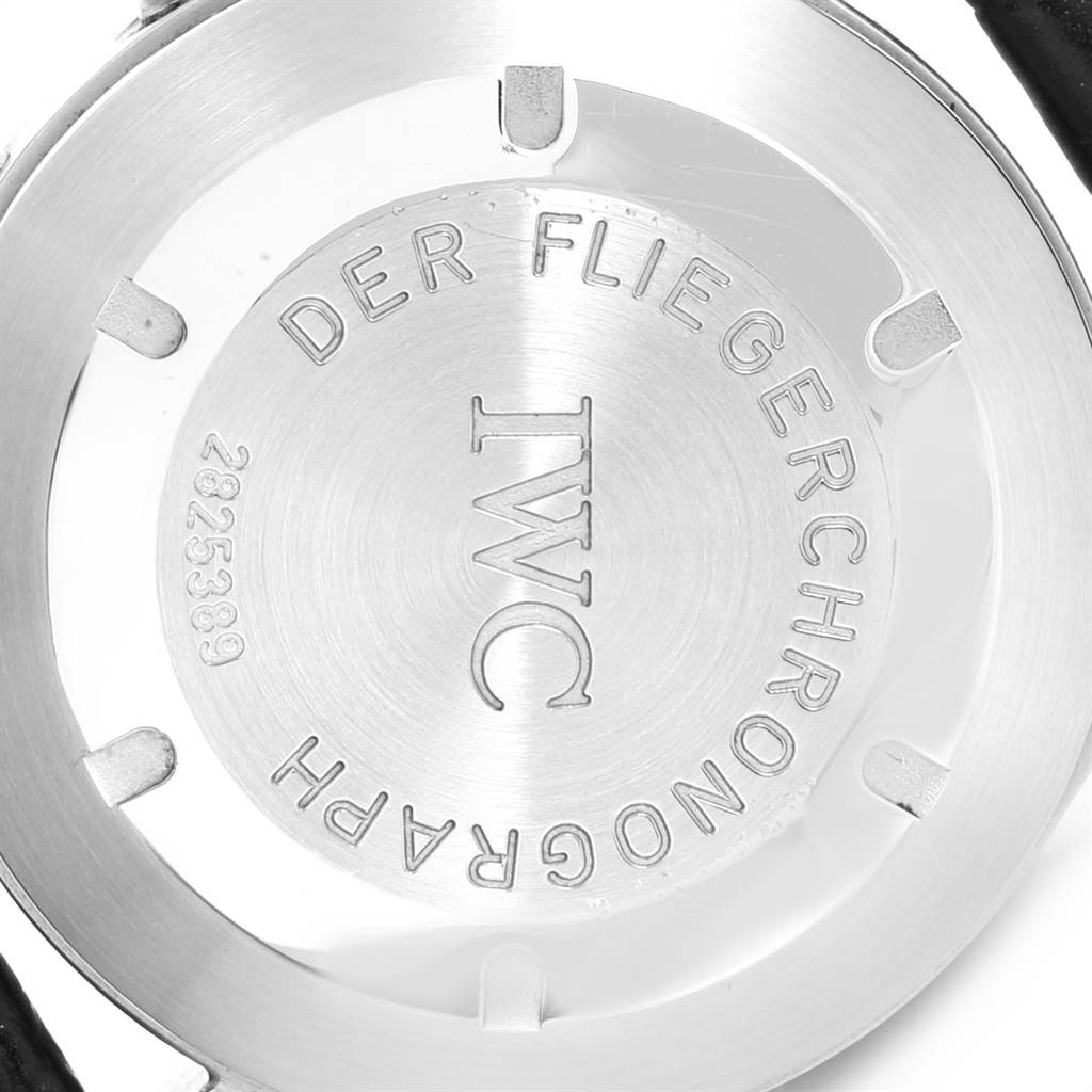 This image shows the back case of an IWC Pilot IW370603 Men's Stainless Steel Black Dial IW370603 Men's Stainless Steel Black Dial model watch with engravings.