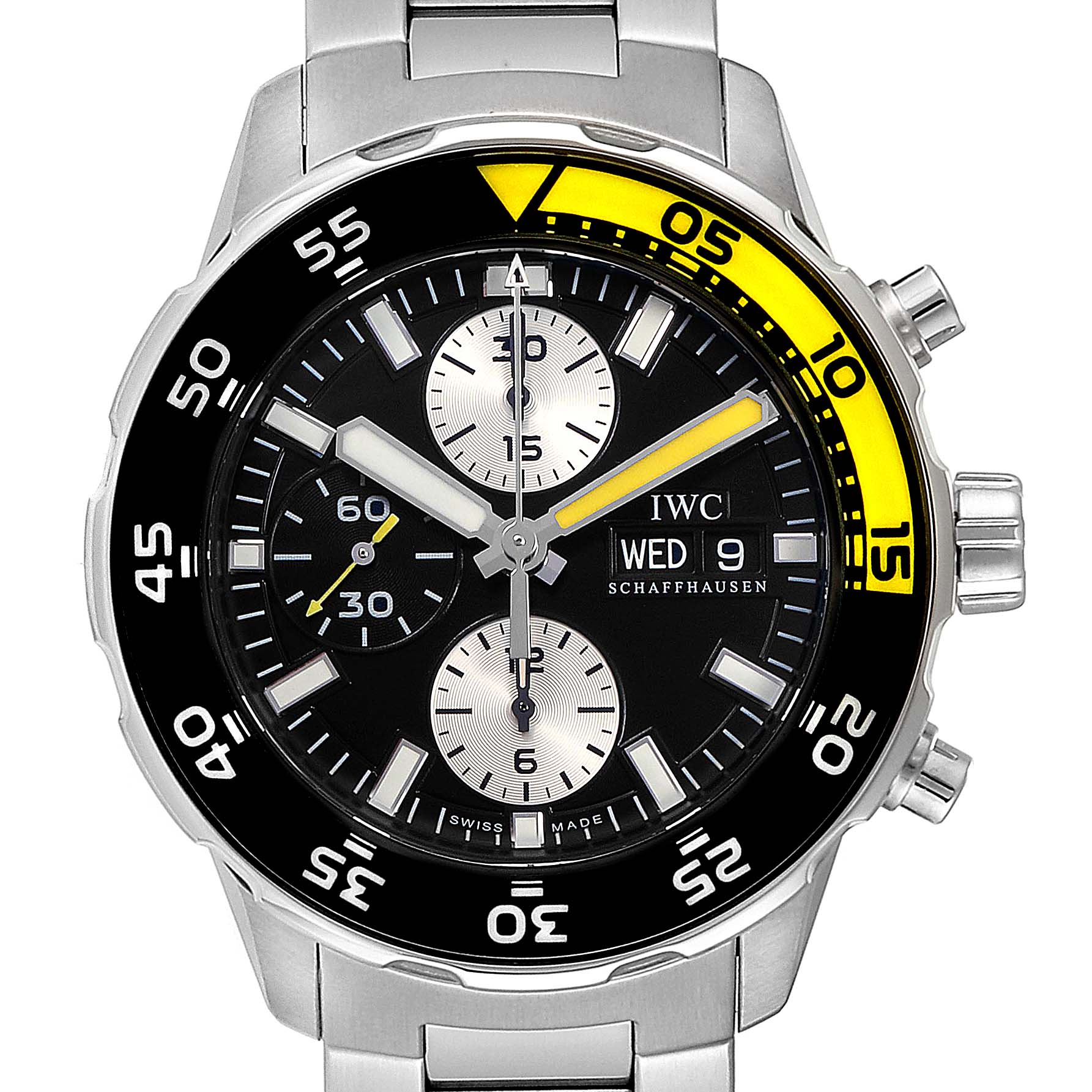 The IWC Aquatimer IW376701 Men's Stainless Steel Black Dial IW376701 Men's Stainless Steel Black Dial watch is shown from the front, displaying its face, hands, crown, and part of its bracelet.