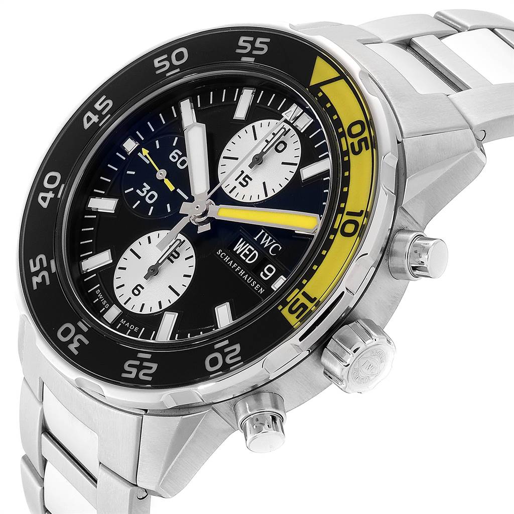 The image shows an angled view of the IWC Aquatimer IW376701 Men's Stainless Steel Black Dial IW376701 Men's Stainless Steel Black Dial watch highlighting its bezel, crown, and chronograph sub-dials.