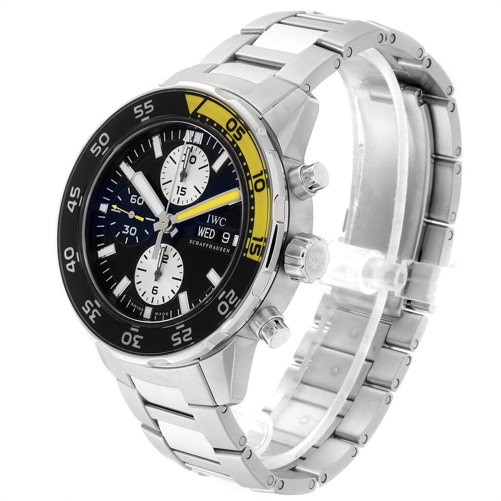 The IWC Aquatimer IW376701 Men's Stainless Steel Black Dial IW376701 Men's Stainless Steel Black Dial watch is shown at an oblique angle, displaying the face, bezel, pushers, and stainless steel bracelet.