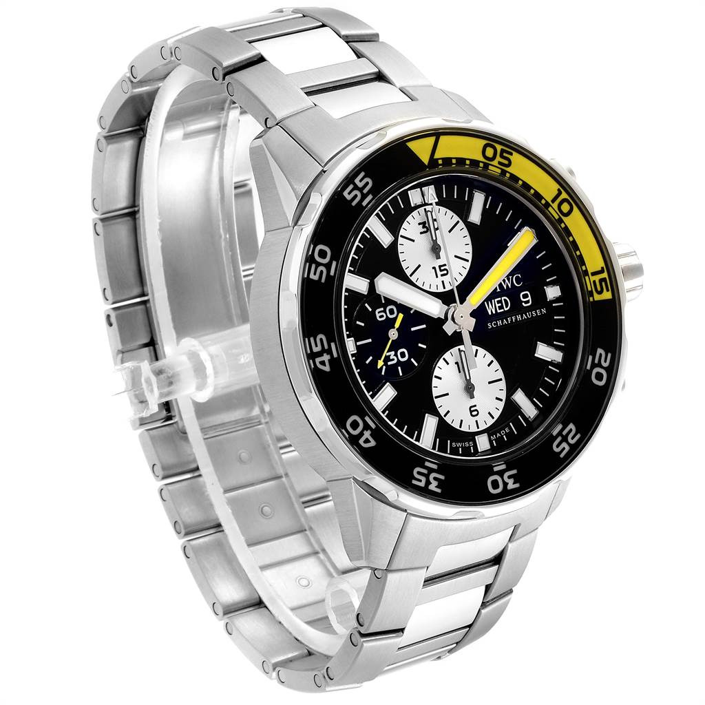 This IWC Aquatimer IW376701 Men's Stainless Steel Black Dial IW376701 Men's Stainless Steel Black Dial watch is shown at a slight angle displaying its dial, bezel, and metal bracelet.