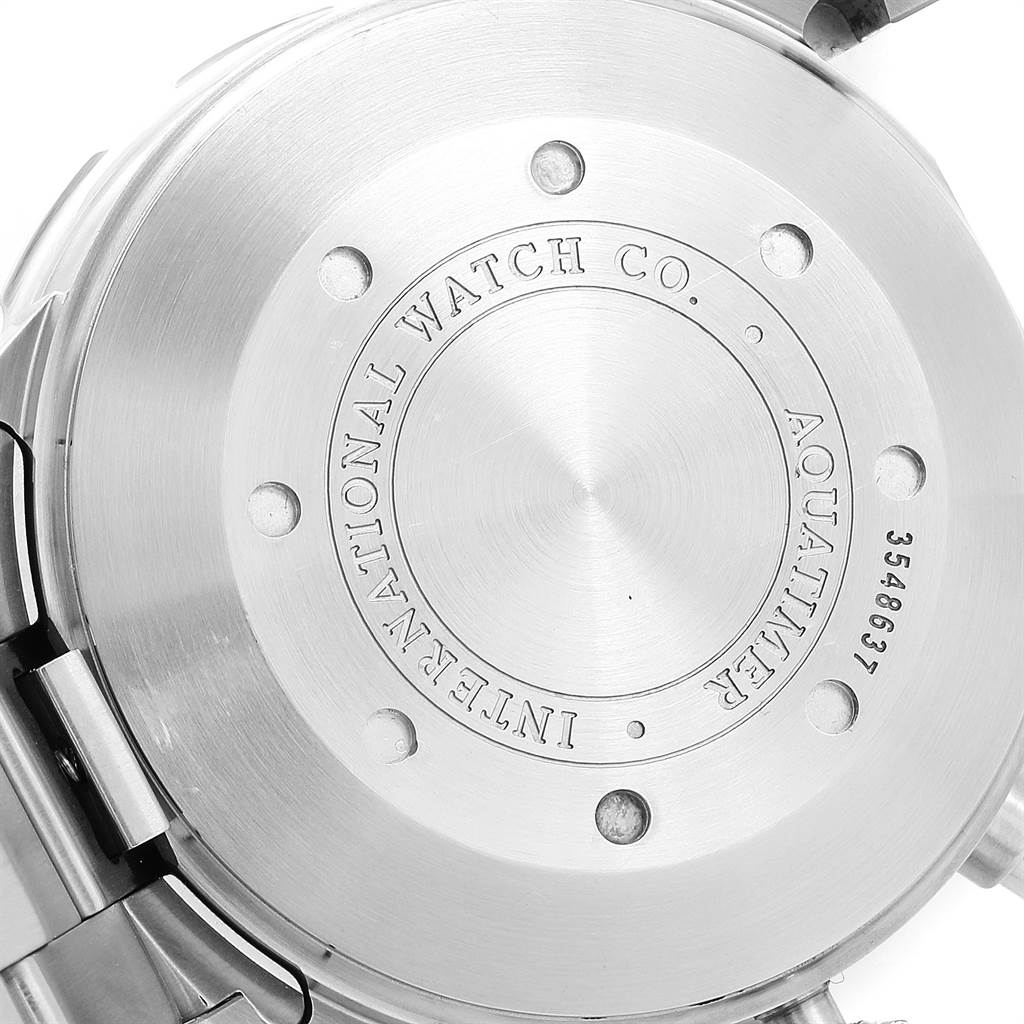 This image shows the back case of an IWC Aquatimer IW376701 Men's Stainless Steel Black Dial IW376701 Men's Stainless Steel Black Dial watch, highlighting the branding and model details.