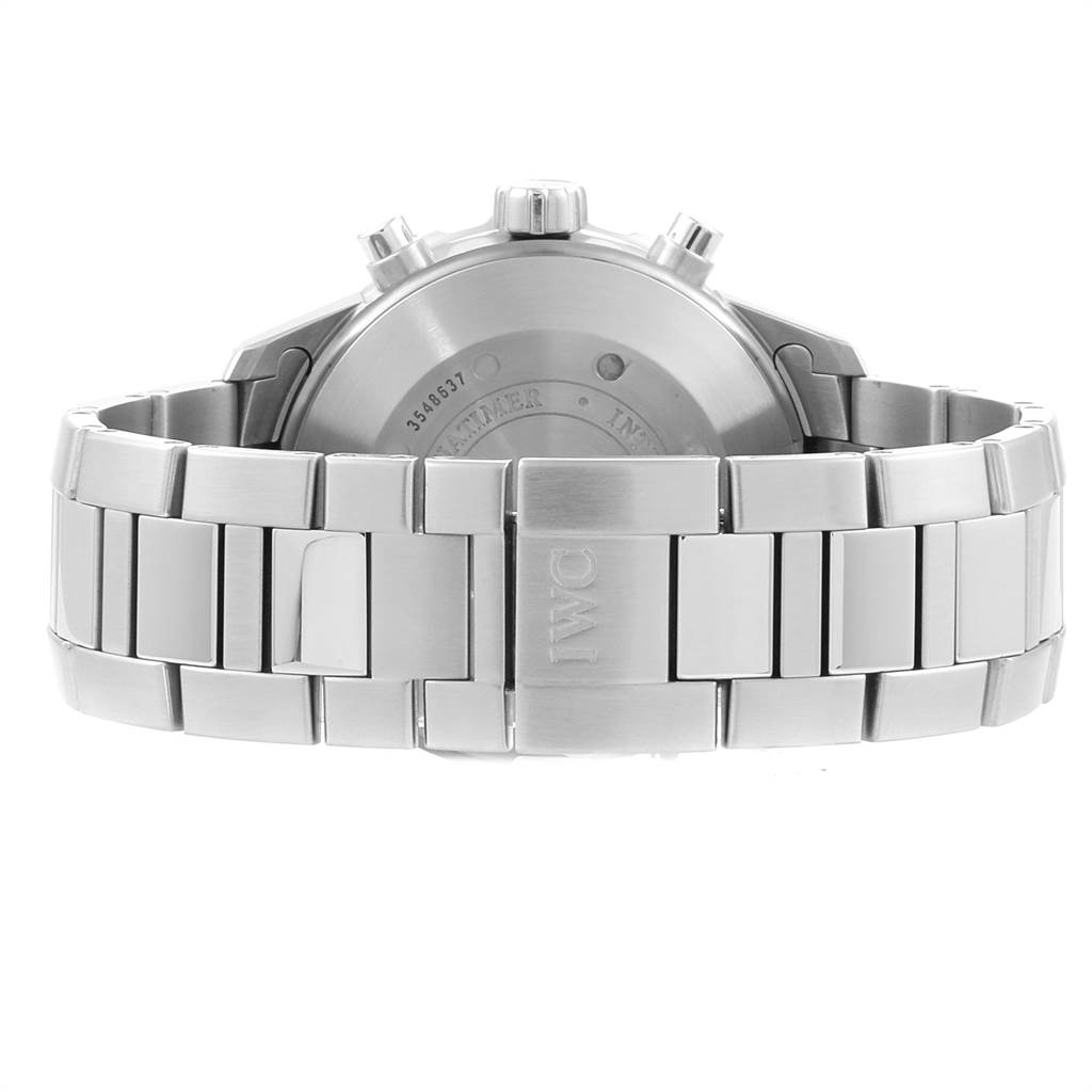 The image shows the back view of the IWC Aquatimer IW376701 Men's Stainless Steel Black Dial IW376701 Men's Stainless Steel Black Dial watch, highlighting the stainless steel bracelet and clasp.