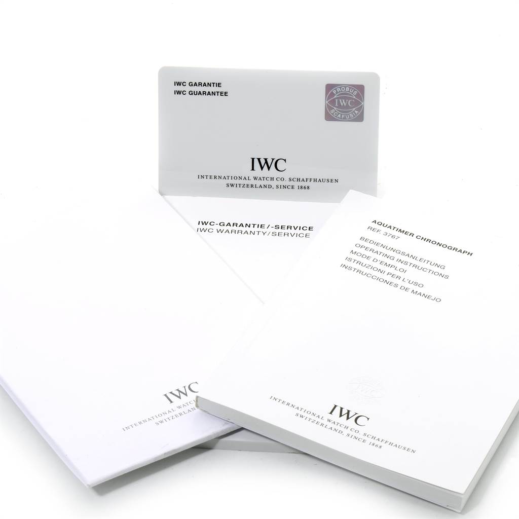 The image shows IWC Aquatimer IW376701 Men's Stainless Steel Black Dial IW376701 Men's Stainless Steel Black Dial watch accessories, including warranty/service cards and instruction manuals, arranged flatly.